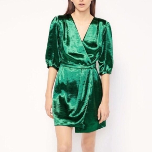 ba&sh Dresses & Skirts - ba&sh Camil Green Short Sleeve Wrap Textured Satin Cocktail Dress 8